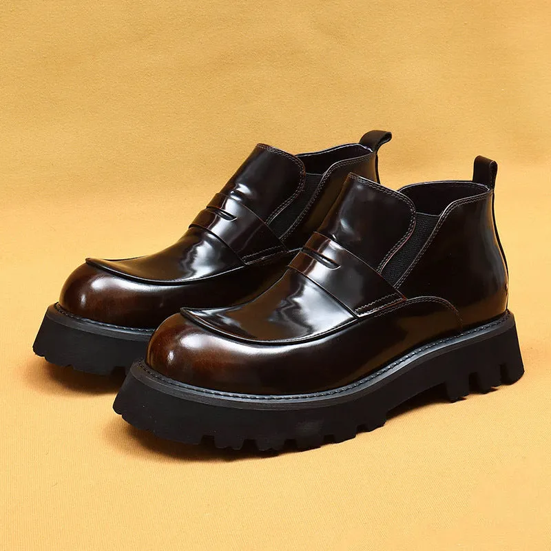 Top Layer Cowhide Men's Leather Shoes Wide Toe Shoes Fat Feet Men's Boots Winter Fleece-lined Warm Genuine Leather Glossy Platform Chelsea Boots23699