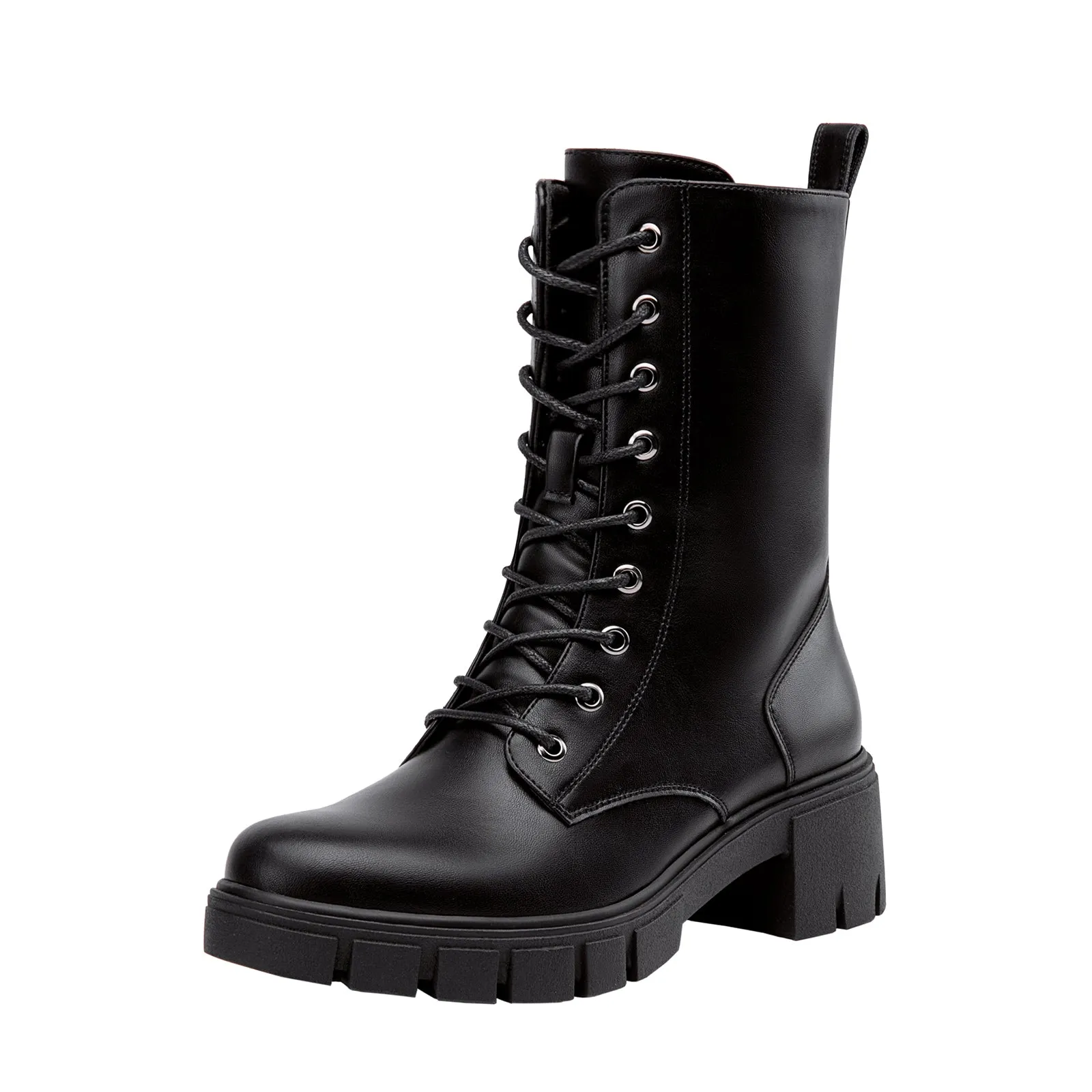 Vepose Women's 9650A Mid Calf Combat Boots Lace Up Elastic Chunky Platform Boot with Side Zipper