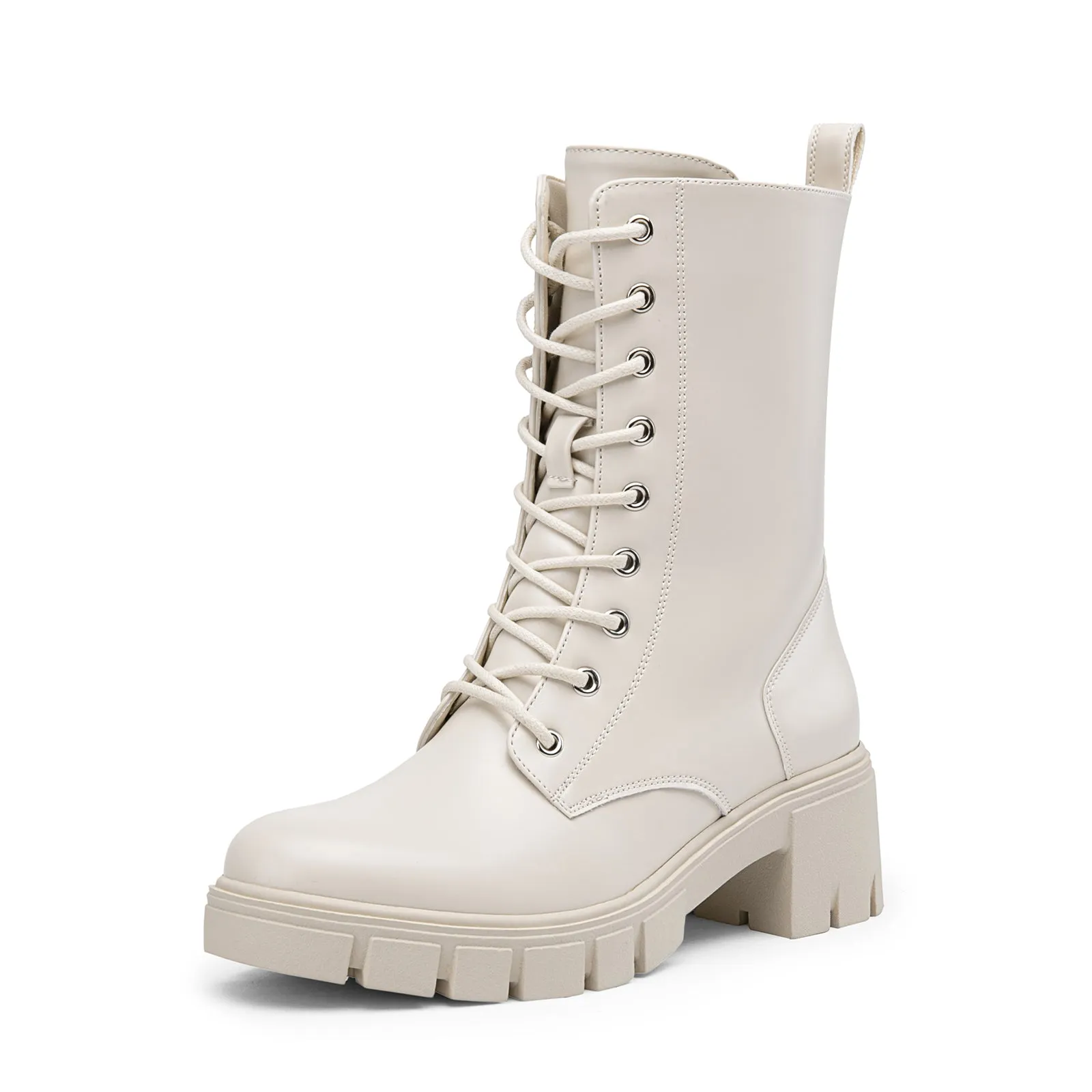 Vepose Women's 9650A Mid Calf Combat Boots Lace Up Elastic Chunky Platform Boot with Side Zipper