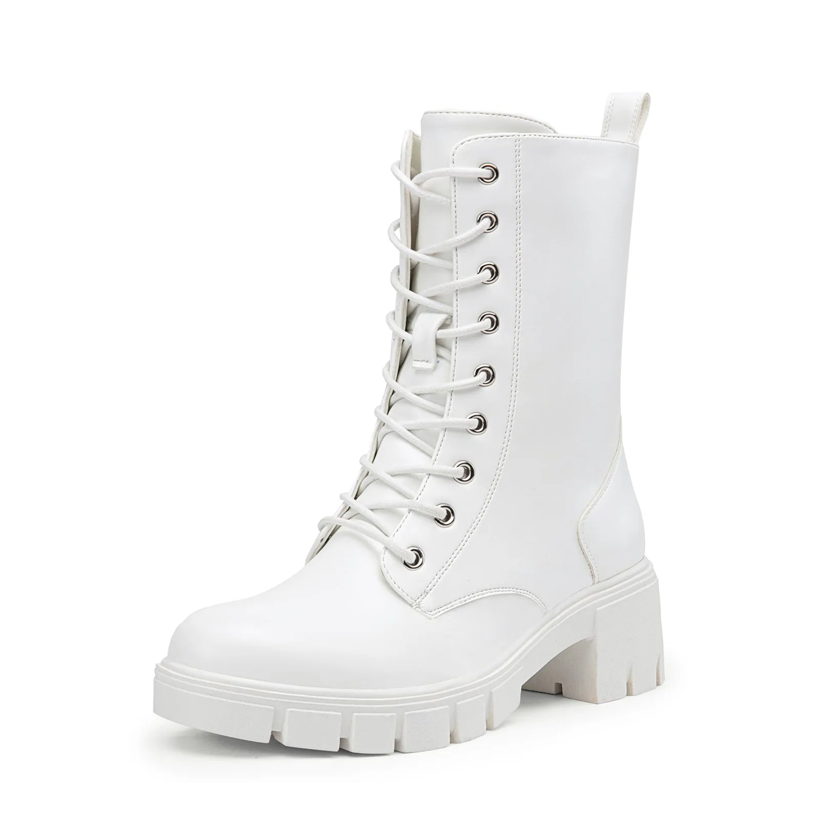 Vepose Women's 9650A Mid Calf Combat Boots Lace Up Elastic Chunky Platform Boot with Side Zipper