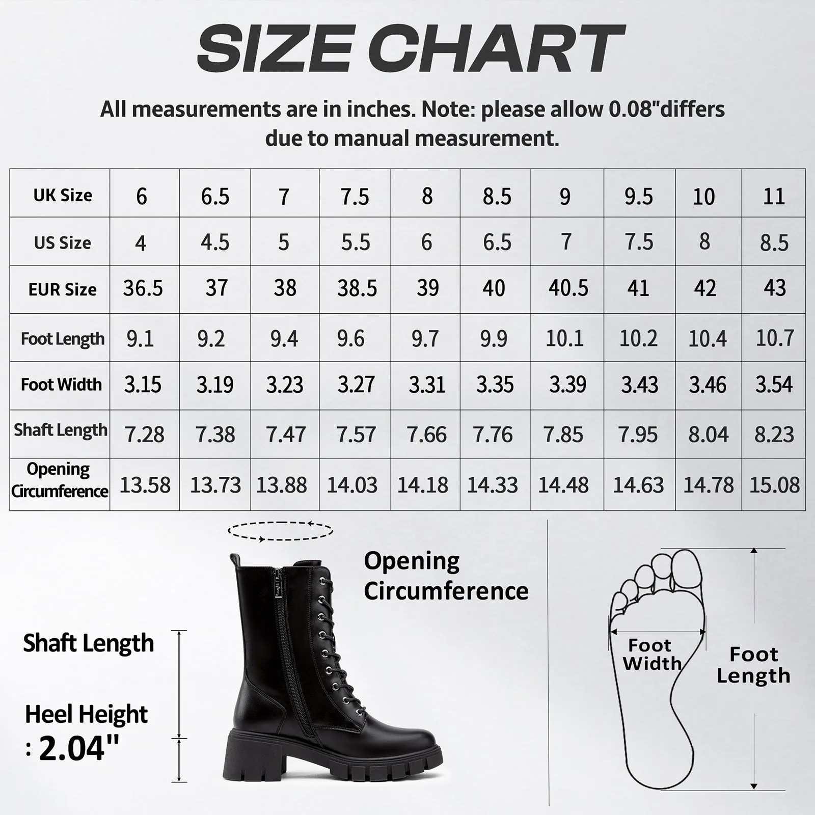 Vepose Women's 9650A Mid Calf Combat Boots Lace Up Elastic Chunky Platform Boot with Side Zipper