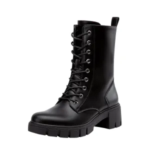 Vepose Women's 9650A Mid Calf Combat Boots Lace Up Elastic Chunky Platform Boot with Side Zipper