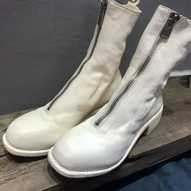 Women Genuine Leather Mid Booties Round Toe