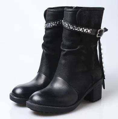 Women rivet stud belt buckle high heel motorcycle boots