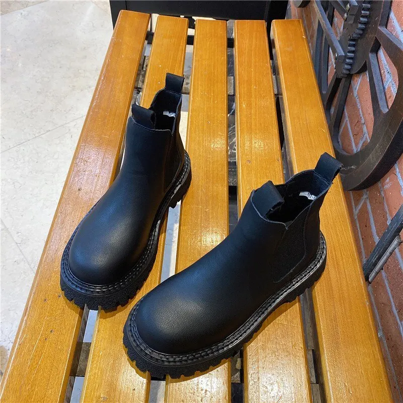 Women Round Toe Thick Platform Leather Chelsea Boots