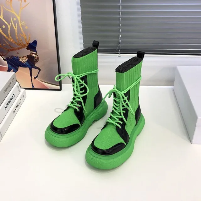 Women Runway Designer High Top Lace Up Socks Boots
